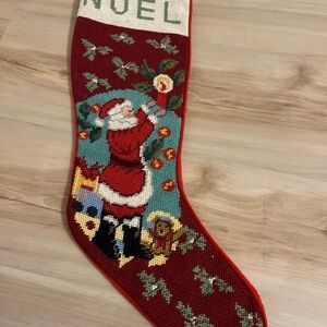 Vtg Needlepoint Stocking Wool Christmas Old World Santa Red Flannel back
